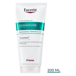 Eucerin Dermopure, erneuernde Körperpflege in einer Tube, enthält Salicylsäure und Thiamidol, 200 ml.