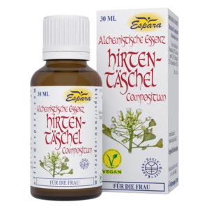 Braune Flasche mit alchemistischer Essenz Hirten-Täschel, 30 ml, in umweltfreundlicher Verpackung.