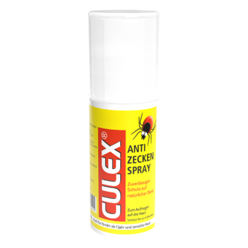 Culex Anti Zecken Spray in einem weißen Sprühbehälter mit gelbem Etikett und Spinnensymbol, schützt vor Zecken.