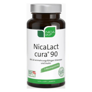 Schwarze Flasche mit weißem Etikett, enthält NicaLact cura 90, Prebiotika und Probiotika, 3-Monatspackung.