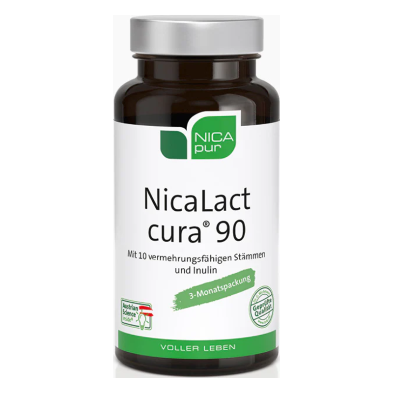 Schwarze Flasche mit weißem Etikett, enthält NicaLact cura 90, Prebiotika und Probiotika, 3-Monatspackung.