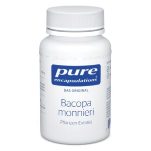Weißes Fläschchen mit blauer Aufschrift, enthält Bacopa monnieri Pflanzen-Extrakt, Schraubverschluss.