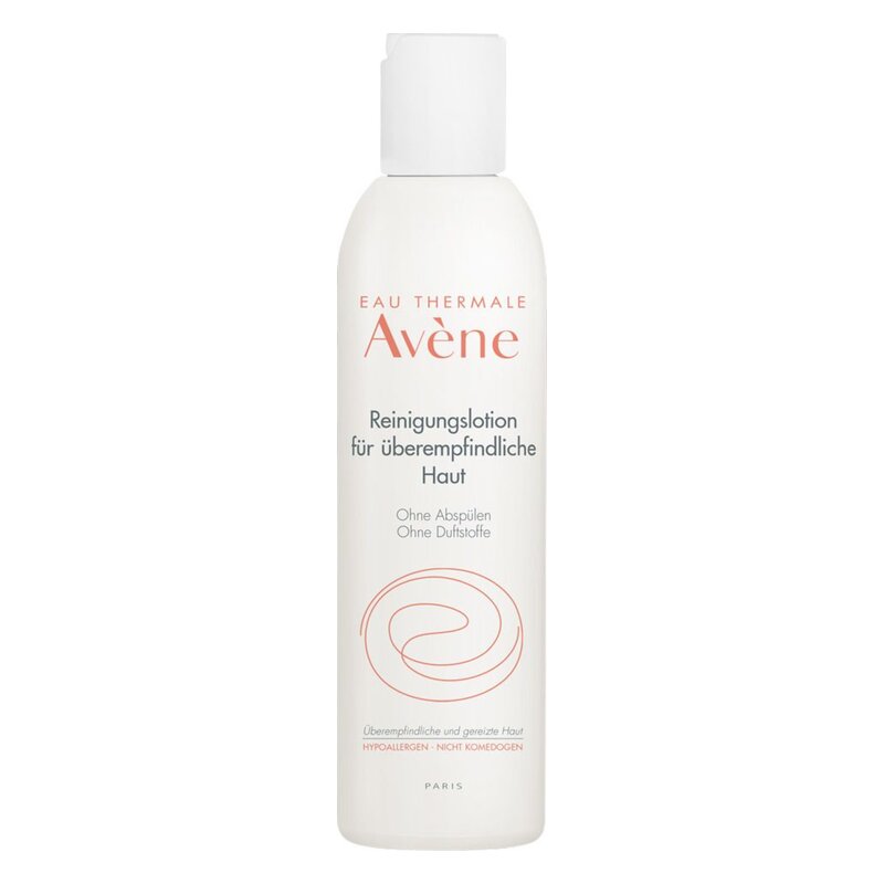Reinigungslotion für überempfindliche Haut in einer weißen Flasche mit praktischem Sprühverschluss.