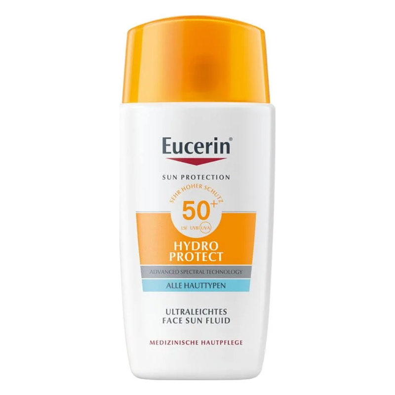 Flasche mit Eucerin Hydro Protect Sonnenfluid für das Gesicht, hoher UV-Schutz, orangefarbener Deckel.