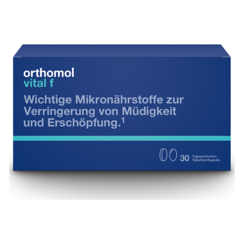 Verpackung von Orthomol Vital F, mit Informationen zu Mikronährstoffen zur Reduzierung von Müdigkeit und Erschöpfung.