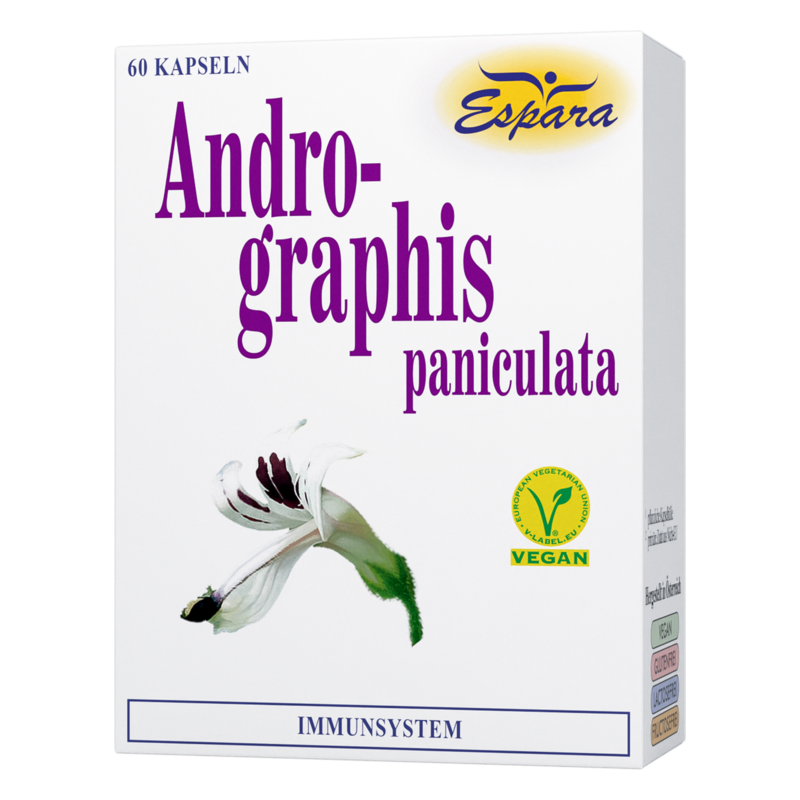 Verpackung für Andrographis paniculata Kapseln zur Unterstützung des Immunsystems, vegan, mit Blumenmotiv.