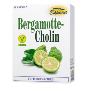 Verpackung von Bergamotte-Cholin-Kapseln mit abgebildeten Bergamotten und dem Hinweis "Vegan" auf der Verpackung.