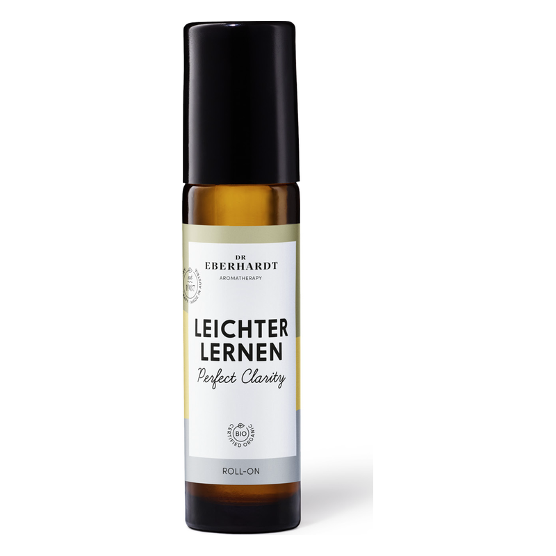 Brauner Roll-On mit schwarzem Deckel, beschriftet mit 'LEICHTER LERNEN' und Hinweisen zu Bio-Inhaltsstoffen.