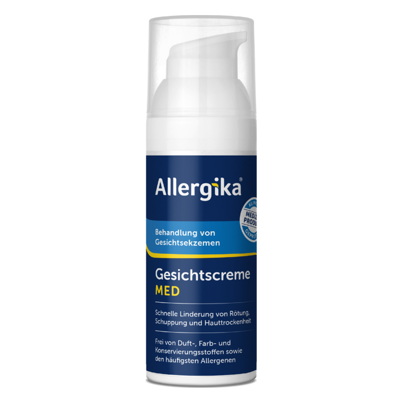 Flasche mit Allergika Gesichtscreme MED gegen Gesichtssekzeme, Pumpe und blauer Etikettierung.