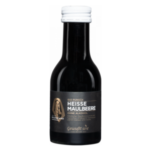 Flasche mit alkoholfreiem Bio-Punsch "Heisse Maulbeere" in schwarzem Design und weißem Schraubverschluss.