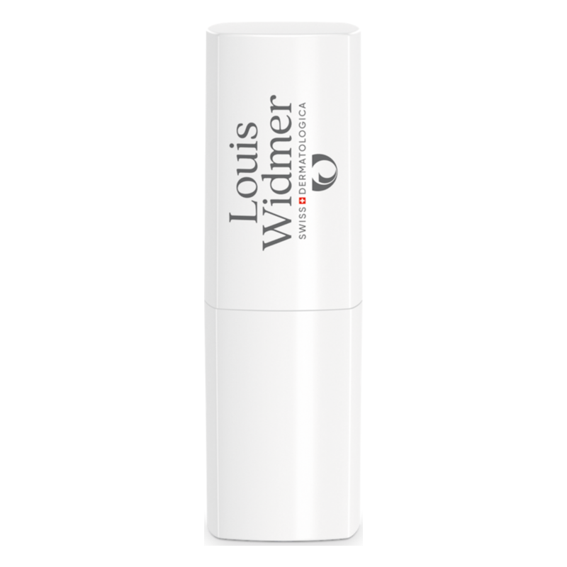 Weißer Lippenpflegestift mit der Aufschrift "Louis Widmer" und "SWISS DERMATOLOGICA"