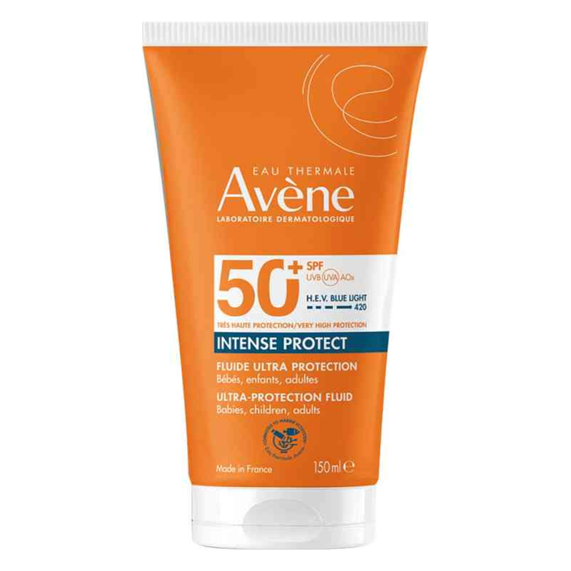 Tube mit Sonnencreme von Avène, 150 ml, mit sehr hohem Lichtschutzfaktor 50+ und orangefarbenem Etikett.
