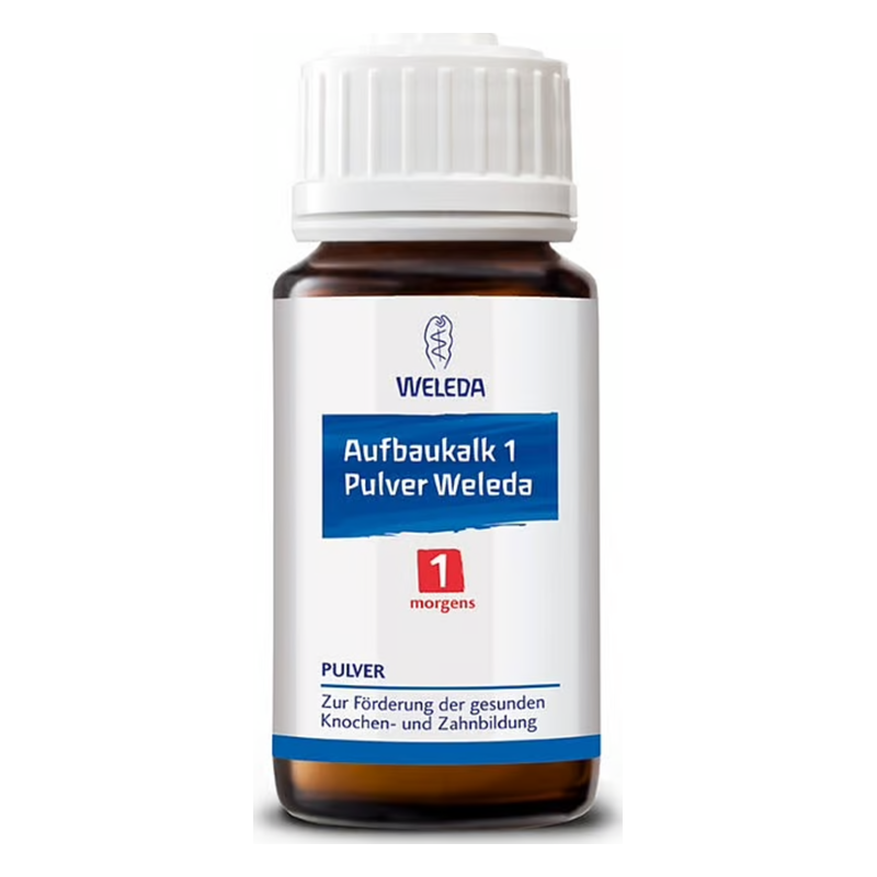 Braune Flasche mit weißem Schraubverschluss und Etikett, das Weleda Aufbaukalk 1 Pulver für gesunde Knochen und Zähne anzeigt.
