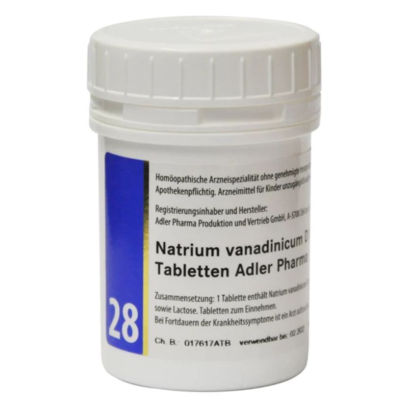 Weißer Kunststoffbehälter mit Schraubverschluss, enthält homöopathische Natrium vanadicum D Tabletten, Hersteller Adler Pharma.