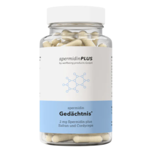 Transparente Flasche mit Nahrungsergänzungsmitteln, Beschriftung zu Spermidin und Inhaltsstoffen Safran und Cordyceps.