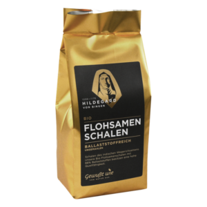 Goldene Verpackung mit dem Aufdruck "Bio Flohsamen Schalen" und einem abgebildeten Porträt von Hildegard von Bingen.