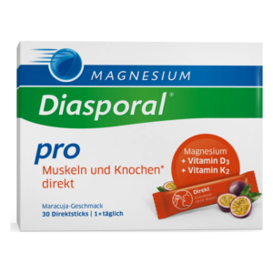 Verpackung von Diasporal pro mit 30 Direktsticks im Geschmack Maracuja, für Muskeln und Knochen, enthält Magnesium und Vitamine.