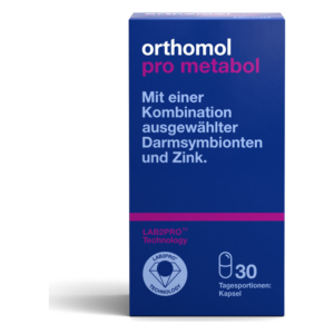 Verpackung von orthomol pro metabol mit Angaben zu Inhaltsstoffen, 30 Tagesportionen in Kapseln.