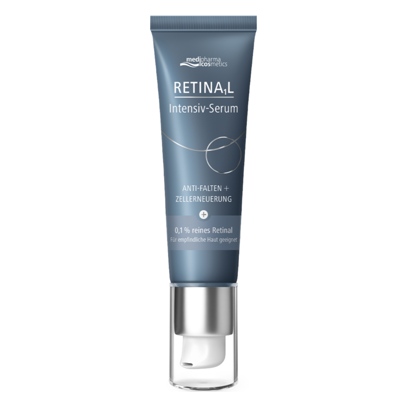 Retinal Intensiv-Serum in blauer Tube mit Pumpverschluss, für Hauterneuerung und Anti-Falten-Effekt.