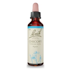 Flasche mit Bach-Blüten Drops "Chicory" in einem dekorativen Design, braunem Glas und Tropfenverschluss.