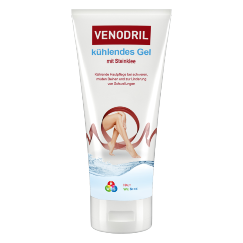 Venodril kühlendes Gel in einem weißen Tube mit blauer und roter Beschriftung, für müde Beine und Schwellungen geeignet.