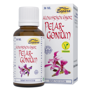 Braune Flasche mit alchemistischer Essenz namens Pelargonium, verpackt in einer farbigen Kartonage, vegan, 30 ml.
