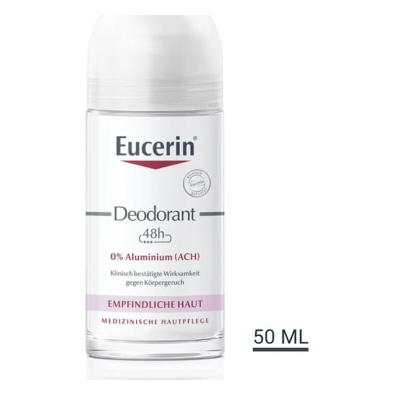 Eucerin Deodorant für empfindliche Haut, 48 Stunden Wirksamkeit, 0% Aluminium, in transparenter Roll-on-Flasche, 50 ml.