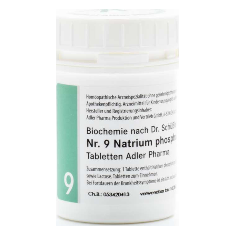 Rundes, weißes Röhrchen mit Schraubverschluss, das homöopathische Tabletten Nr. 9 Natrium phosphoricum von Adler Pharma enthält.