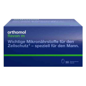 Verpackung von orthomol flavon m mit blauer Farbe und Information über Mikronährstoffe zur Zellschutzunterstützung für Männer.