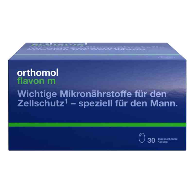 Verpackung von orthomol flavon m mit blauer Farbe und Information über Mikronährstoffe zur Zellschutzunterstützung für Männer.