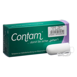 Verpackung mit Tampons zur Selbstbehandlung von Blasenschwäche, fünf Stück, in hellgrüner Box mit Logo.