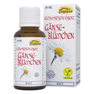 Braune Flasche mit 30 ml Gänseblümchen-Essenz und farbiger Verpackung, vegan gekennzeichnet.