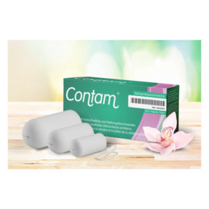 Verpackung des Contam Startsets für Blasenschwäche mit drei hellgrauen, ovalen Pessaren und einer Orchidee im Vordergrund.