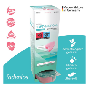Verpackung mit Soft-Tampons in pink, verpackt für Schwimmen, Sport und Wellness, dermatologisch getestet.