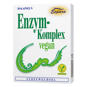 Verpackung des Enzym-Komplexes in Kapseln, vegan, mit grüner Schrift und Pflanzenmotiv auf weißem Hintergrund.