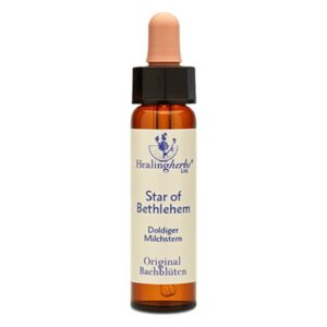 Braune Glasflasche mit Pipette, etikettiert mit "Star of Bethlehem" und "Original Bachblüten" von Healing Herbs.