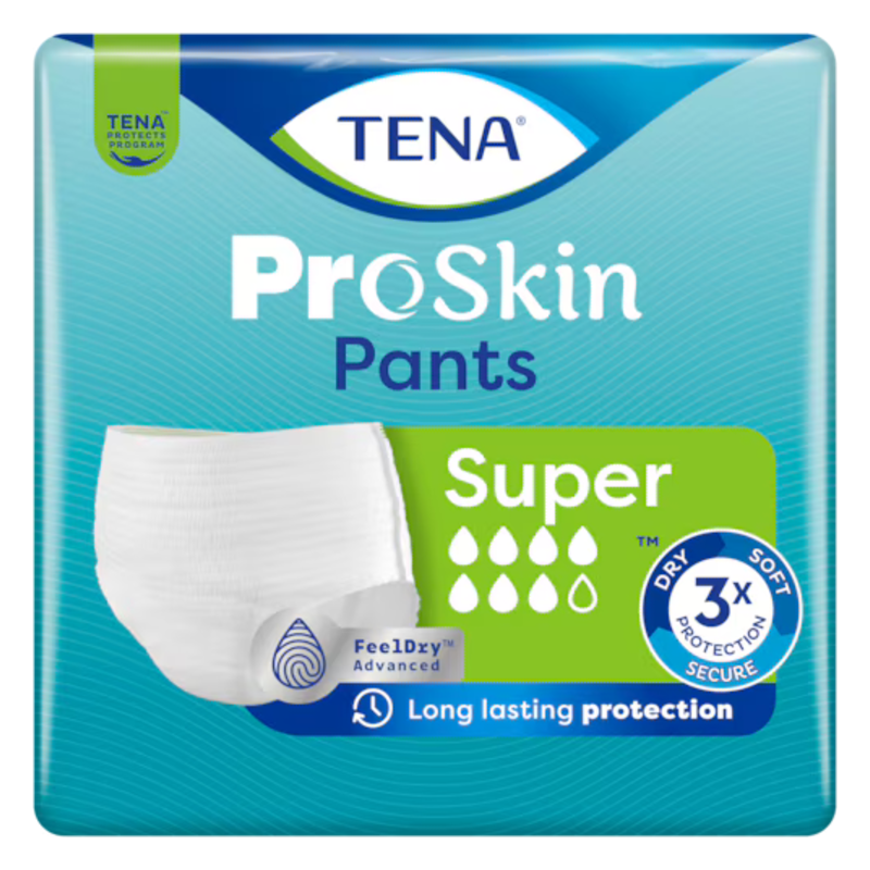 Verpackung von TENA ProSkin Pants Super, zeigt eine weiße slipartige Inkontinenzhose mit Schutzsymbolen und Beschreibungen.