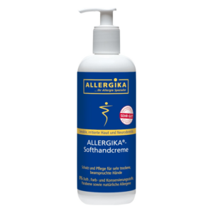 Flasche mit Allergika Softhandcreme für sensible, irritierte Haut, pumpbar, ohne Duft- und Konservierungsstoffe.
