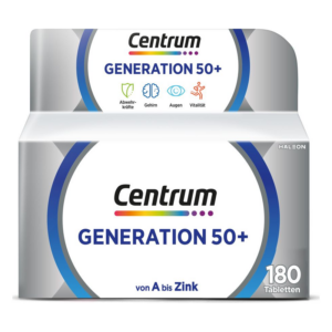Verpackung von Centrum Generation 50+, mit Hinweis auf Abwehrkräfte, Gehirn, Augen und Vitalität.