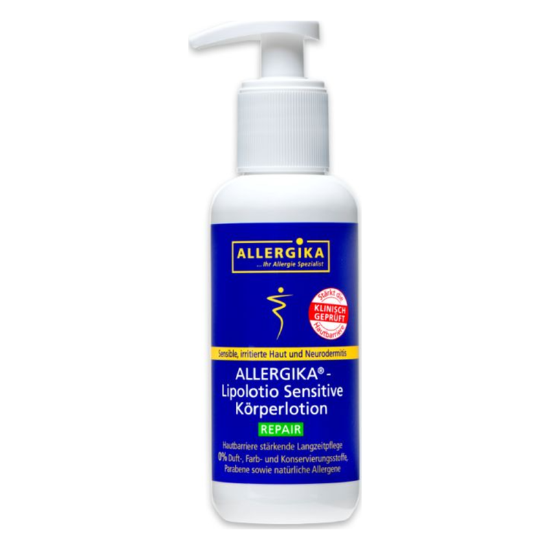 Flasche mit Allergika Lipolotion für sensible, irritierte Haut und Neurodermitis, mit Pumpspender.
