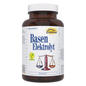 Brauner Kunststoffbehälter mit weißen Verschluss und Etikett für Basen-Elektrolyt-Kapseln, vegan und mit Gewichtsbalken-Symbol.