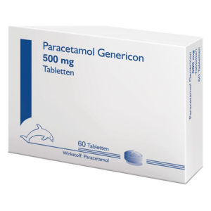 Verpackung von Paracetamol Genericon mit 500 mg in einer weißen Schachtel und blauer Schrift.