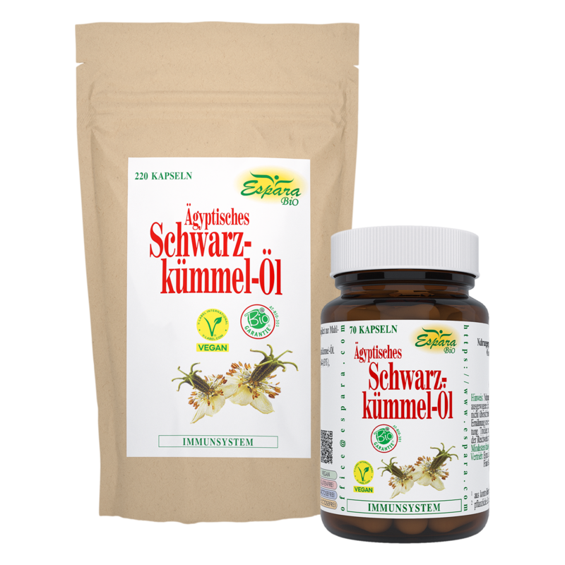 Verpackungen von ägyptischem Schwarzkümmelöl, eine mit 70 Kapseln und eine Tüte mit 220 Kapseln, beide vegan.