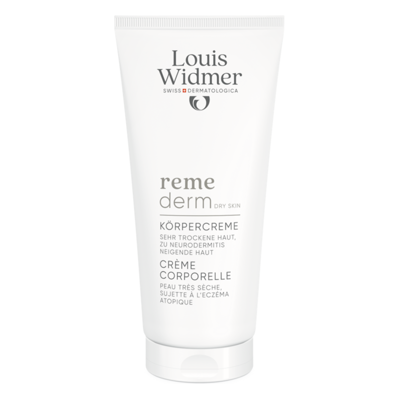 Weiße Tube mit Körpercreme von Louis Widmer für sehr trockene und neurodermitisneigende Haut.