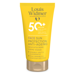 Sonnenschutzcreme für das Gesicht in einer gelben Tube mit Schutzfaktor 50+ für sensible Haut.
