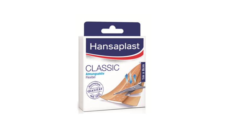 Verpackung von Hansaplast Classic, atmungsaktives und flexibles Pflaster, sichtbar sind Scheren und Maßangaben.