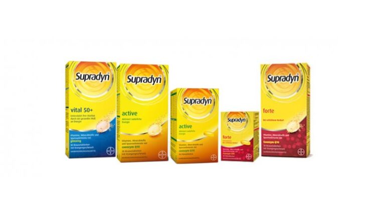Verschiedene Supradyn Produkte in gelber und roter Verpackung, darunter Vital 50+, Active und Forte.