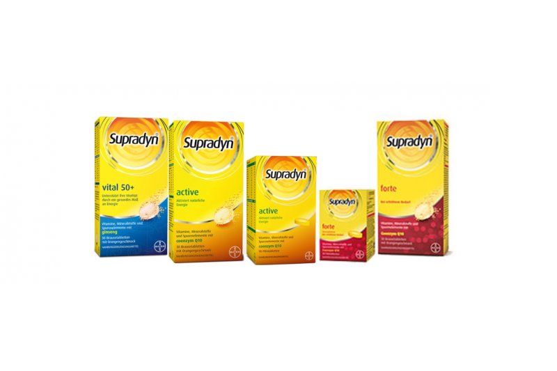 Supradyn_web.jpg Verschiedene Supradyn Produkte in gelber und roter Verpackung, darunter Vital 50+, Active und Forte.