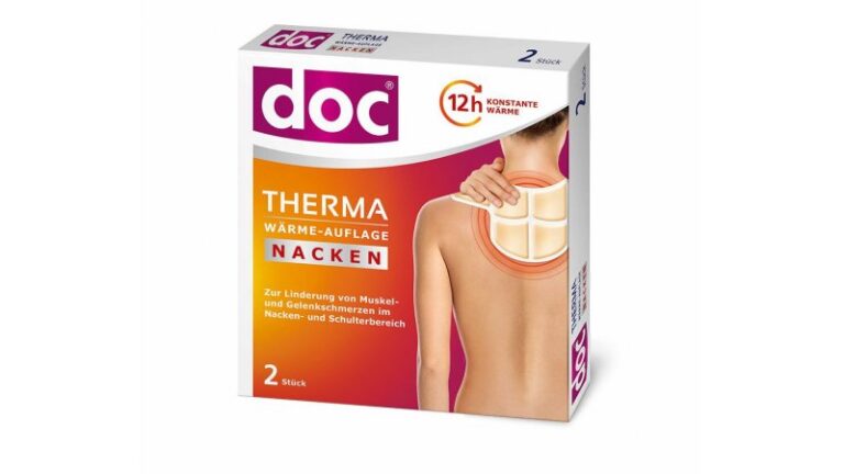 Verpackung einer Wärmeauflage für den Nacken mit Informationen zur Anwendung und Wirkdauer.