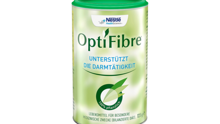 Dose OptiFibre von Nestlé mit grünem Deckel, die die Darmtätigkeit unterstützt und 100% pflanzlich ist.
